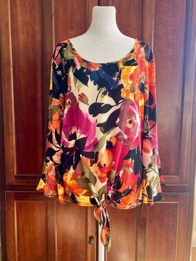 Spence Multicolored Floral Blouse with Tie Knot Front and Bell shaped Sleeves.